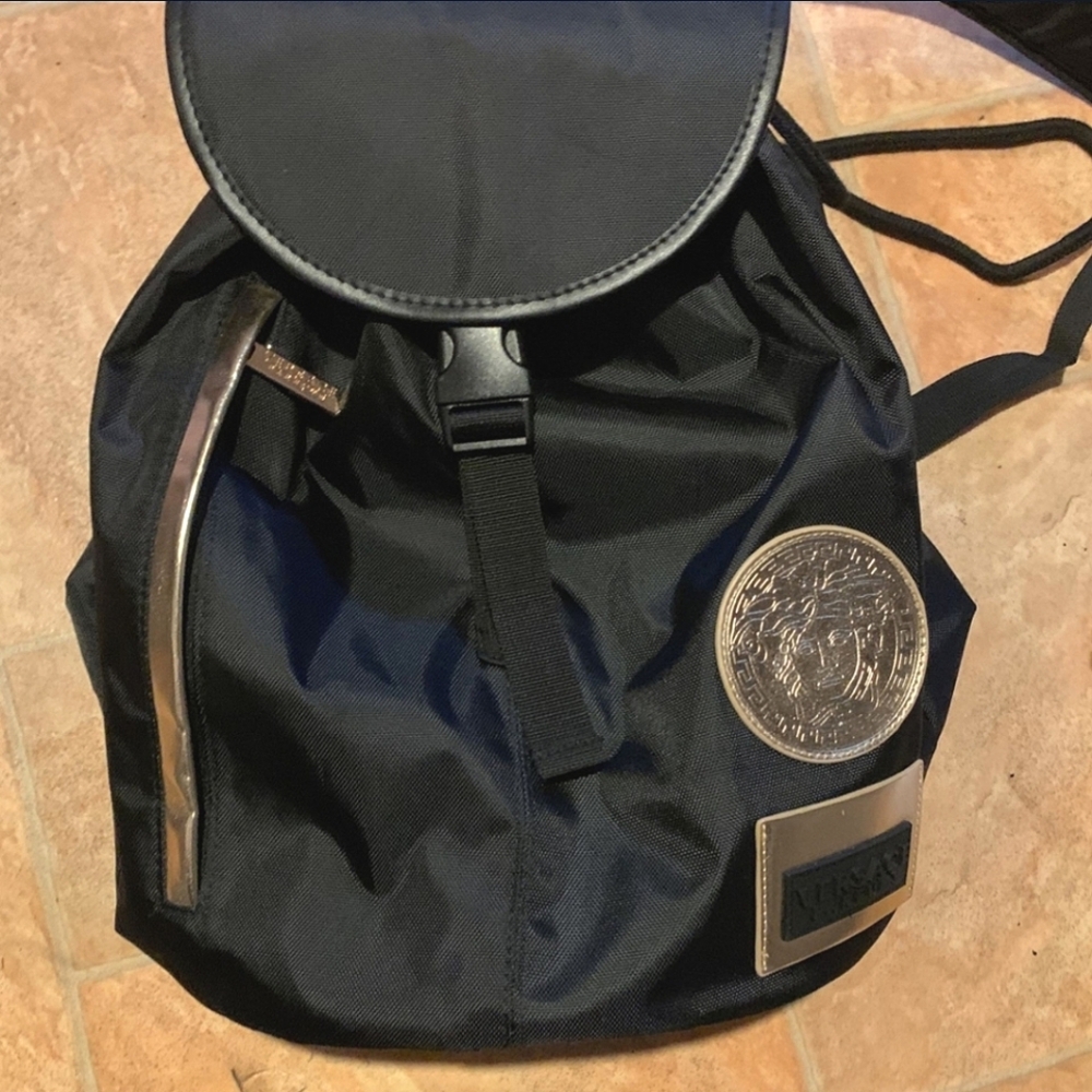 Versace Designer Black Silver Backpack for everyday use. Elegant yet functional